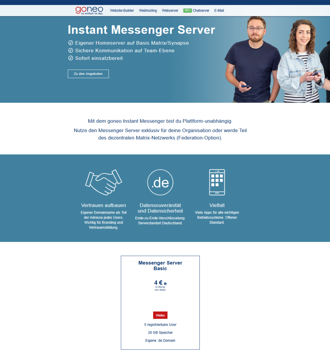screenshot der Seite, auf der goneo den Matrix-Messengr.-Server anbietet